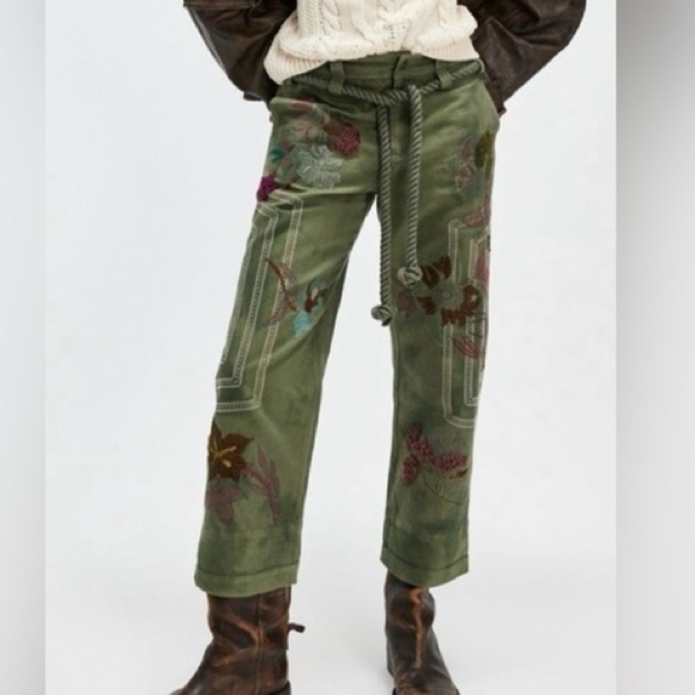 NWT Free People We The Free Electric Sands Embroidered Pants in Green